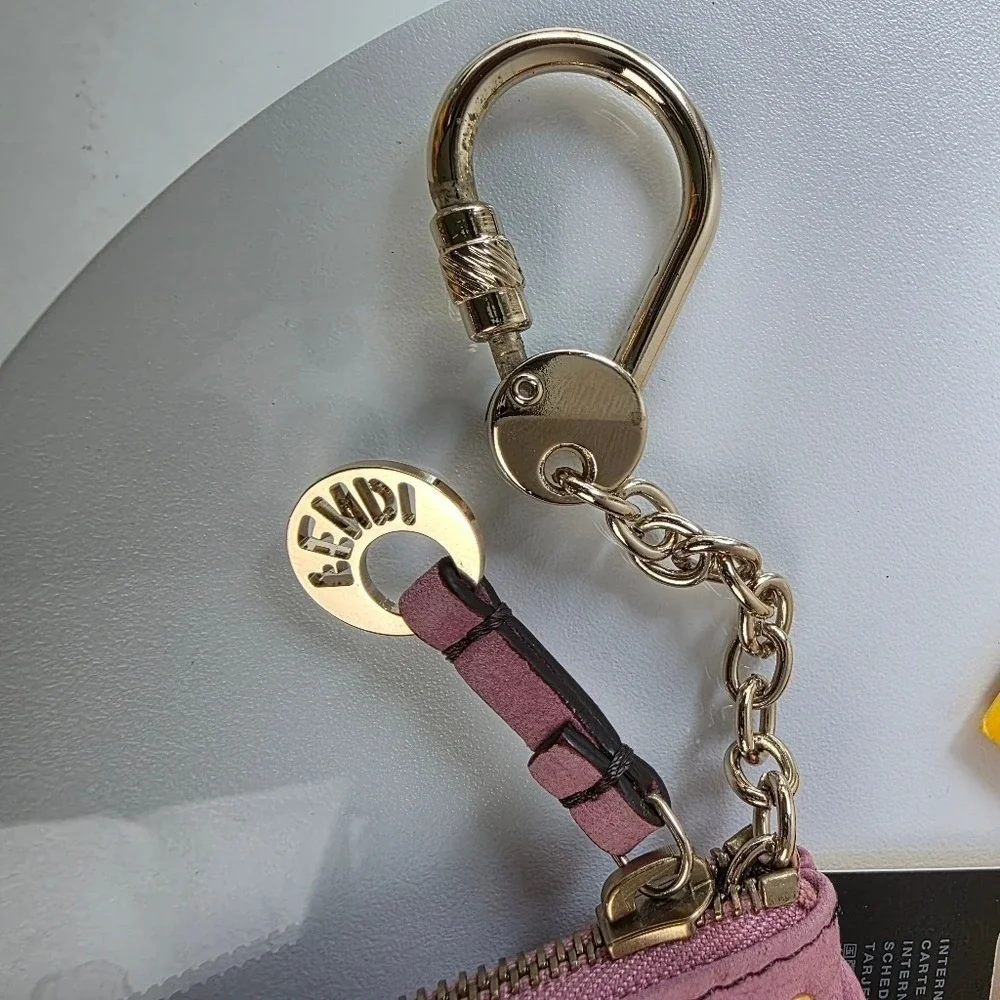 Fendi Coin Purse Pouch OS Pink Excellent Studded Leather Key Cles Gold Hardware